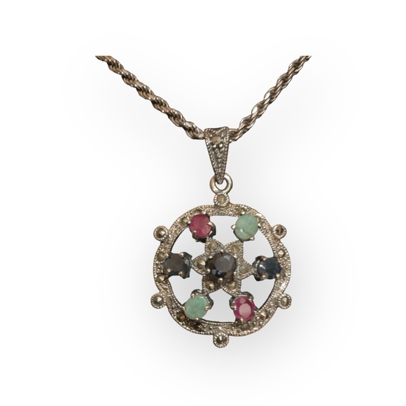 🌺 Vintage 925 Emerald Sapphire & Ruby Marcasite Pendant with 925 Rope Chain - Picture 13 of 13